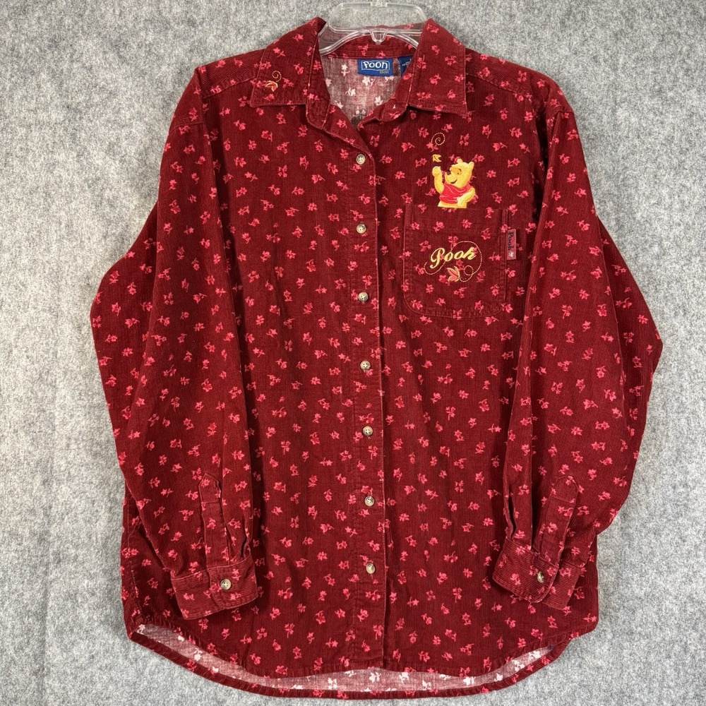 Vtg 90s POOH Disney Embroidered Corduroy Button Down Shirt‎ Womens Medium Fall